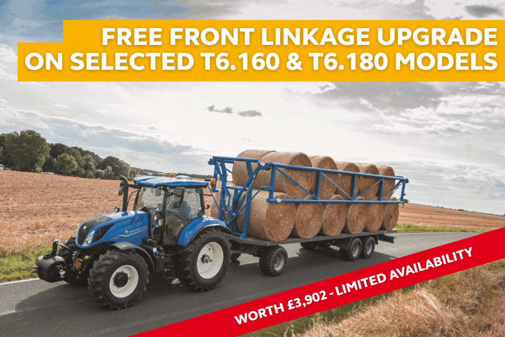 new holland tractor with trailer loaded with bales with overlayed text announcing the latest free front linkage tractor upgrades worth £3902