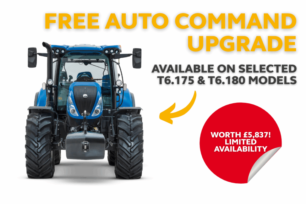 new holland tractor pictured front on with overlayed text announcing the free autocommand upgrade available on selected models