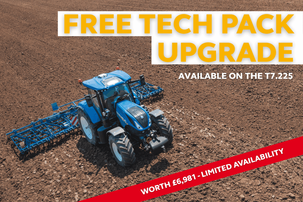 new holland tractor in a field with overlayed text announcing the free technology pack upgrade worth £6,981